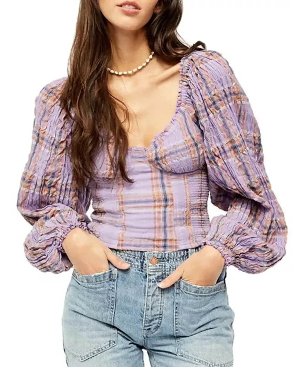 Free People Purple Plaid Puff Sleeve Babydoll Blouse Cropped Women's size Large